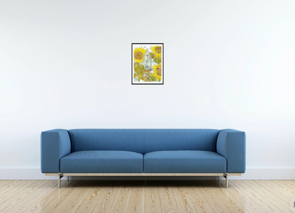 Birdhouse and Sunflowers - medium 12 x 16 matted and framed art print shown hanging on a wall