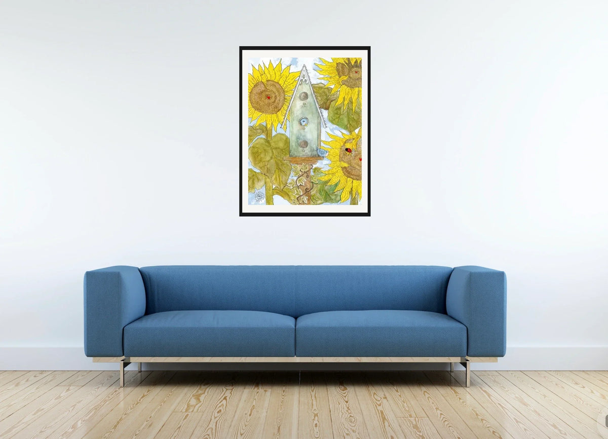 Birdhouse and Sunflowers - large 24 x 36 matted and framed art print shown hanging on a wall