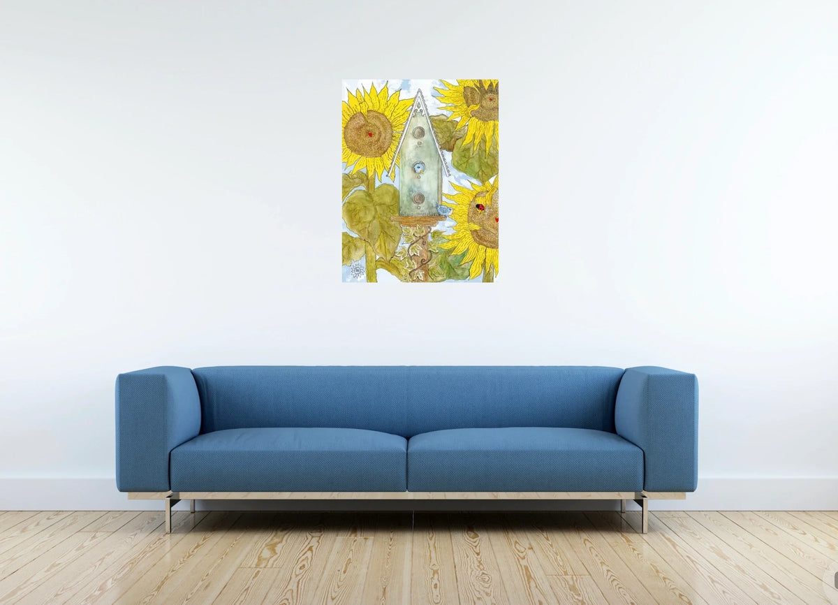 Birdhouse and Sunflowers - large 24 x 36 unframed art print shown hanging on a wall