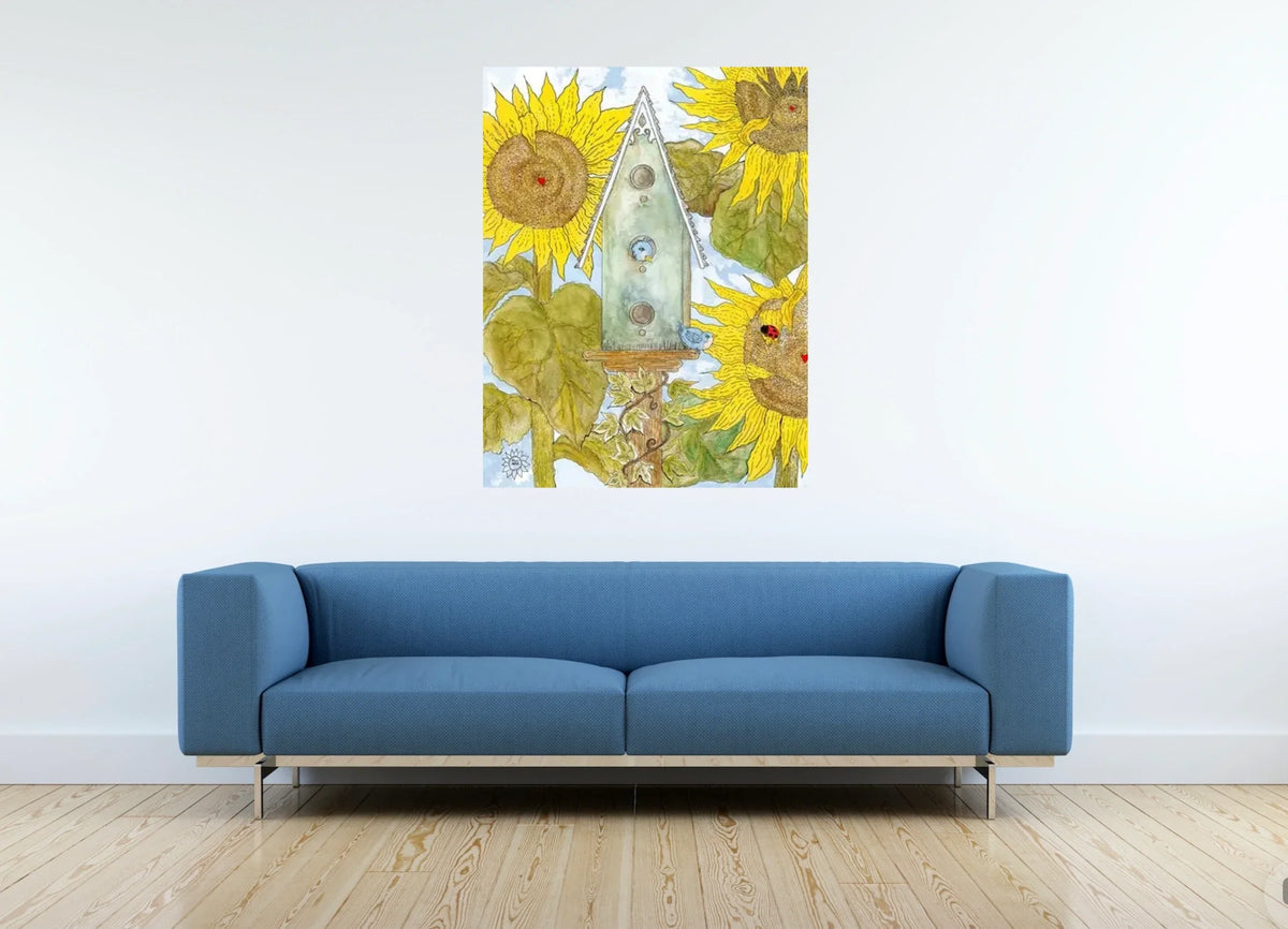 Birdhouse and Sunflowers - extra large 36 x 48 unframed art print shown hanging on a wall