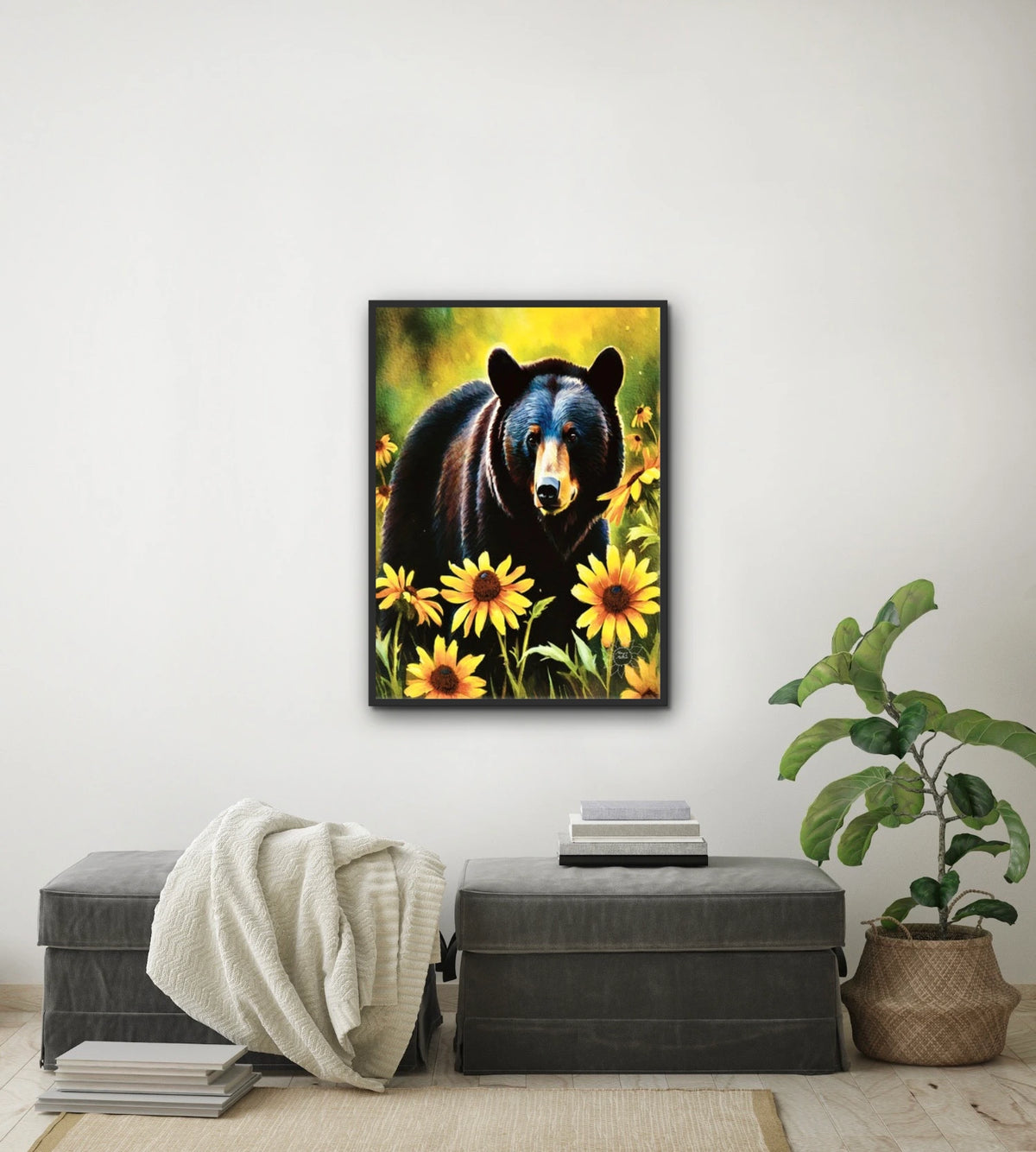 Black Bear Among Black-eyed Susans - large 24 x 36 framed art print shown hanging on a wall