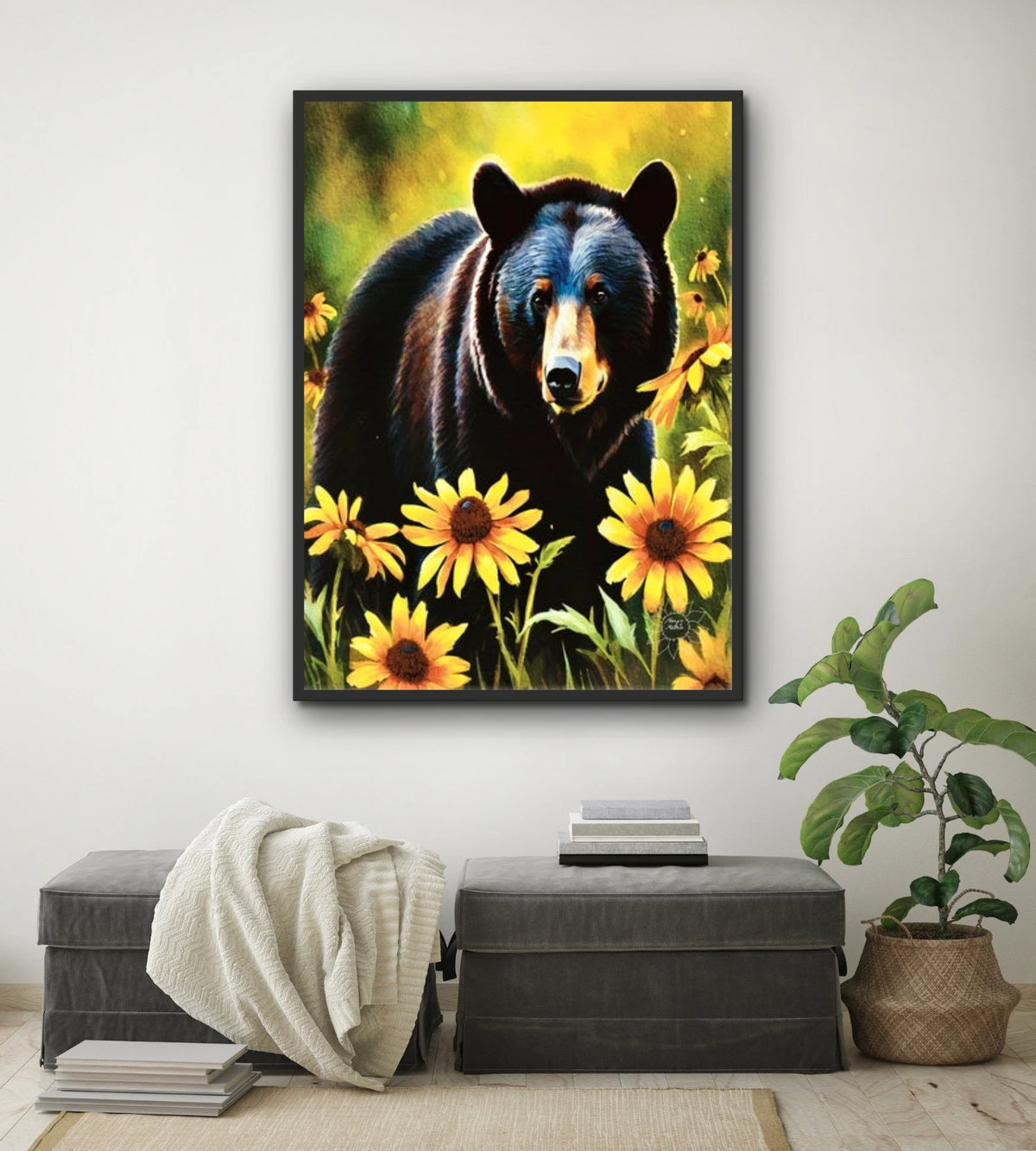 Black Bear Among Black-eyed Susans - extra large 36 x 48 framed art print shown hanging on a wall