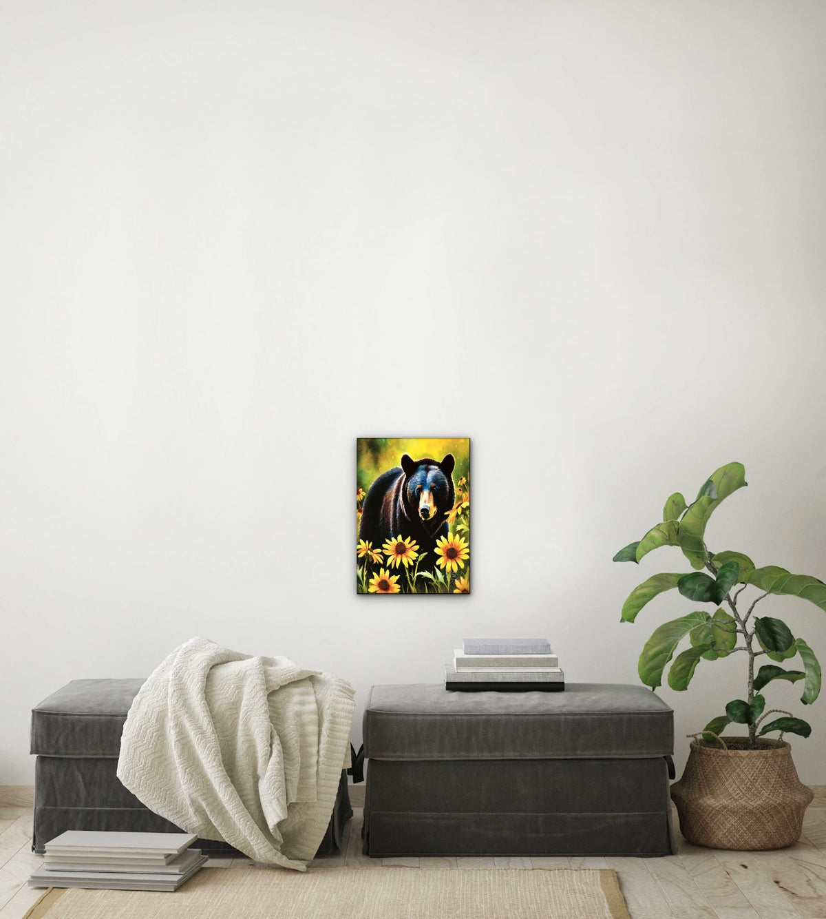Black Bear Among Black-eyed Susans - medium 12 x 16 unframed art print shown hanging on a wall