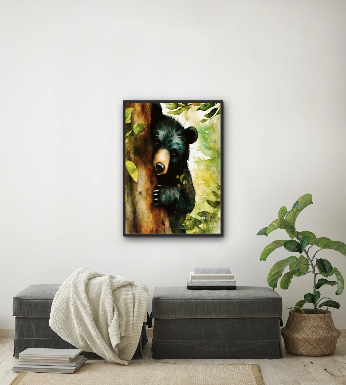 Black Bear Cub Peeking out from Behind a Tree - large 24 x 36 framed art print shown hanging on a wall