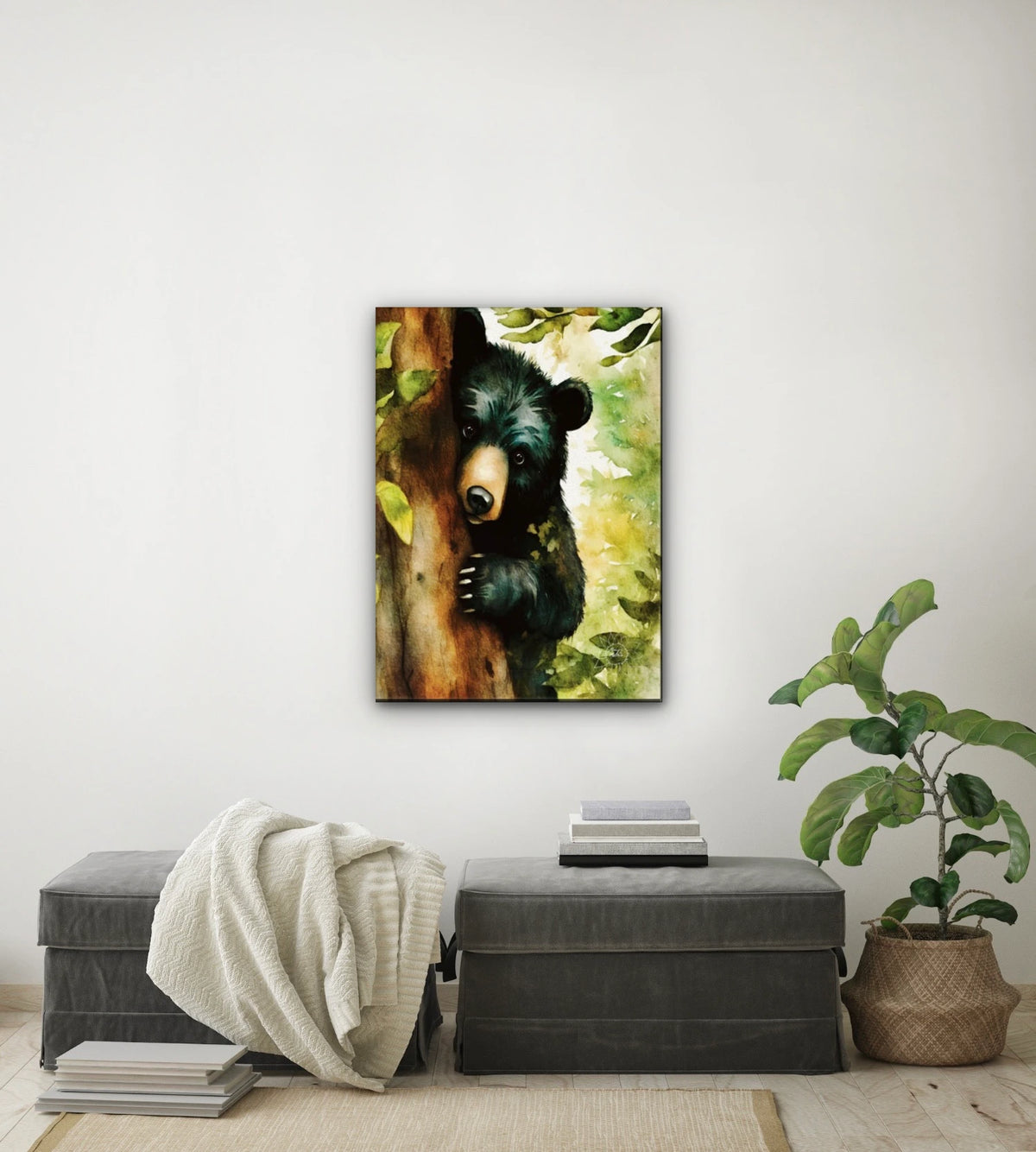 Black Bear Cub Peeking out from Behind a Tree - large 24 x 36 unframed art print shown hanging on a wall