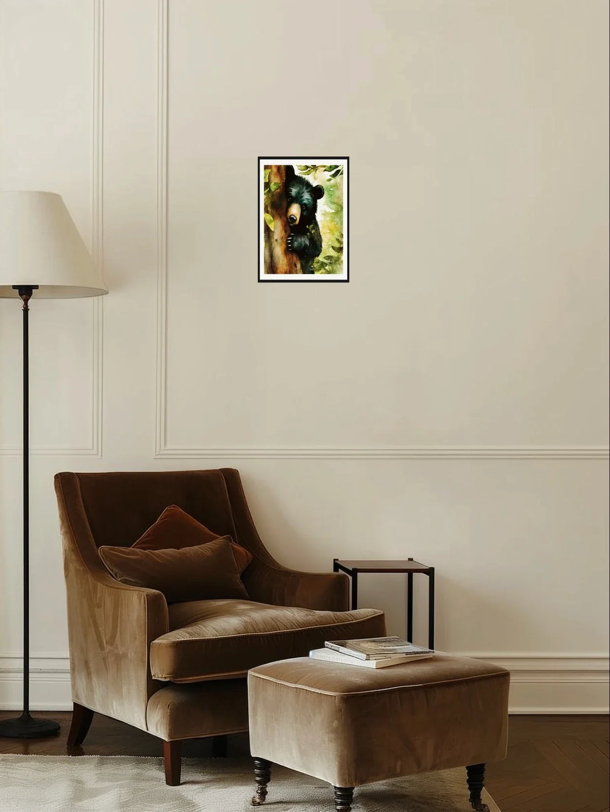 Black Bear Cub Peeking out from Behind a Tree - medium 12 x 16 matted and framed art print shown hanging on a wall