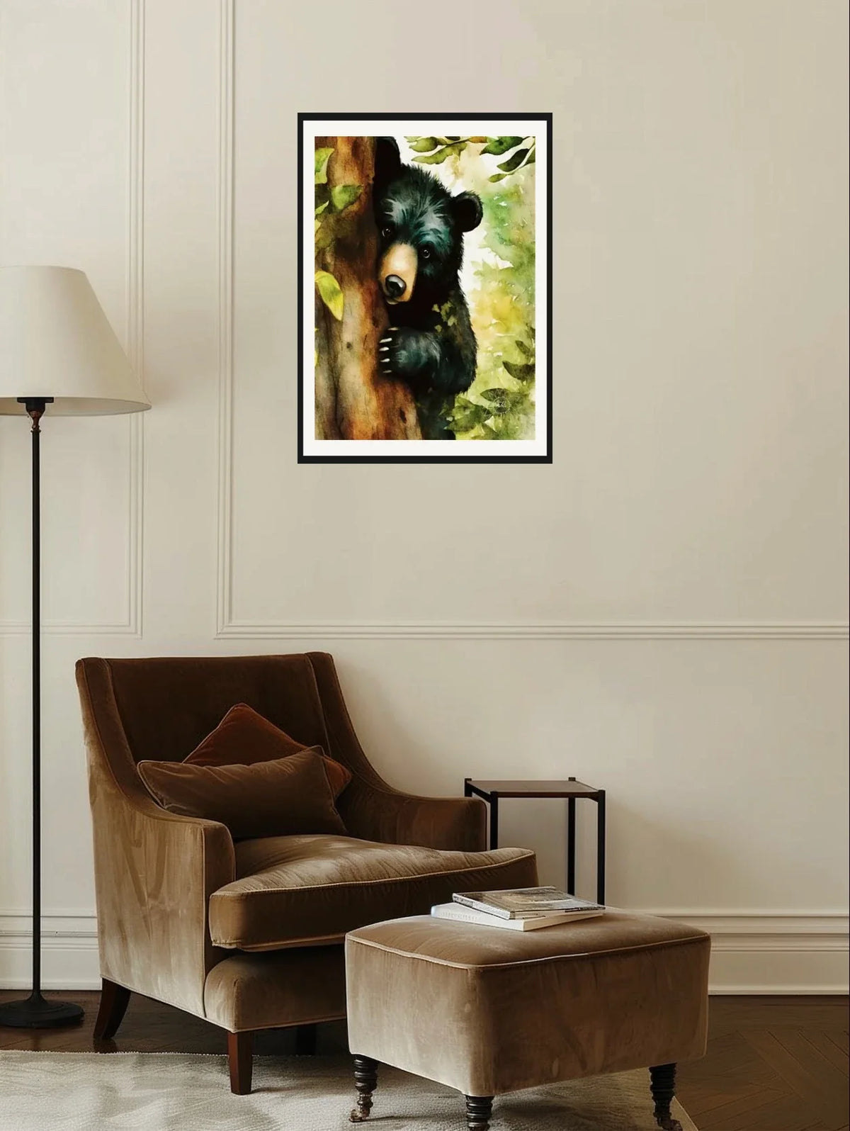 Black Bear Cub Peeking out from Behind a Tree - large 24 x 36 matted and framed art print shown hanging on a wall
