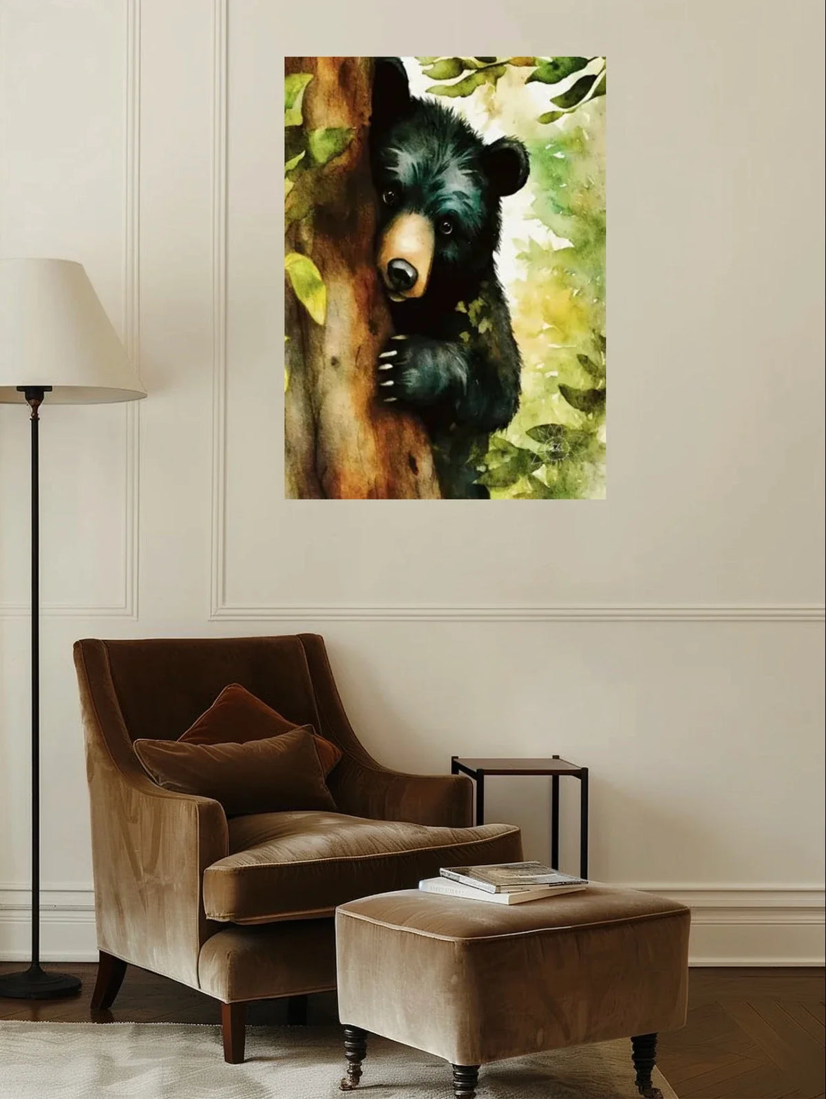 Black Bear Cub Peeking out from Behind a Tree - extra large 36 x 48 unframed art print shown hanging on a wall