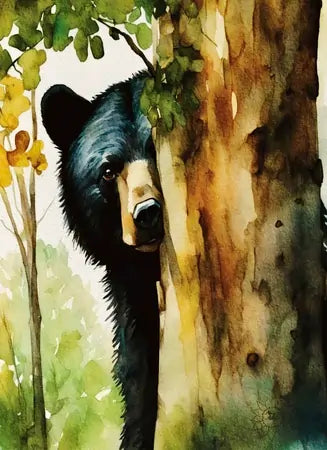 A watercolor painting of a black bear peeking from behind a tree in autumn woods.