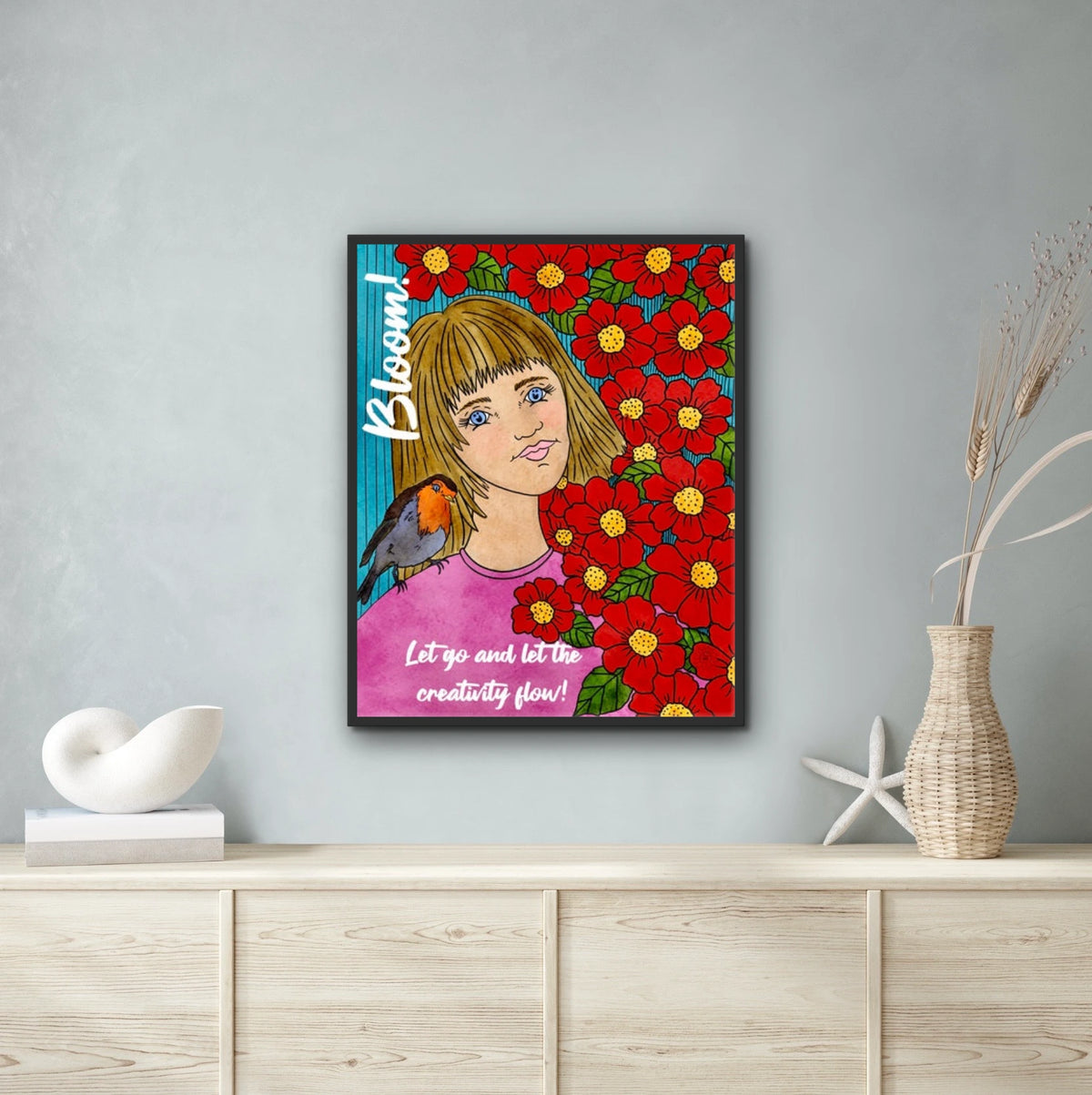 Bloom - extra large 36 x 48 framed art print shown hanging on a wall