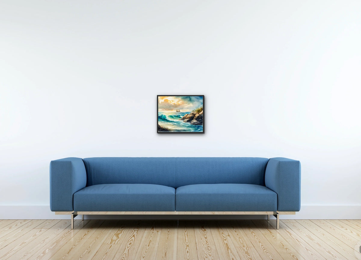 Boat in the Seascape. - medium 12 x 16 framed art print shown hanging on a wall