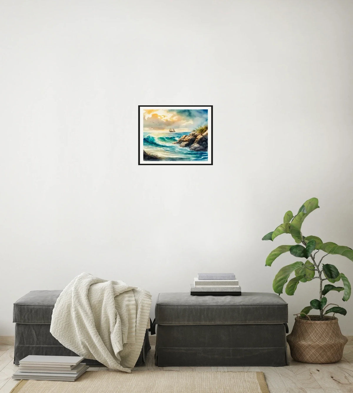 Boat in the Seascape - medium 12 x 16 matted and framed art print shown hanging on a wall
