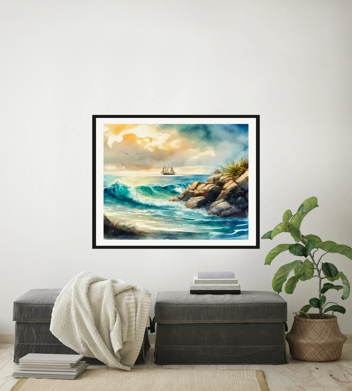 Boat in the Seascape - large 24 x 36 matted and framed art print shown hanging on a wall