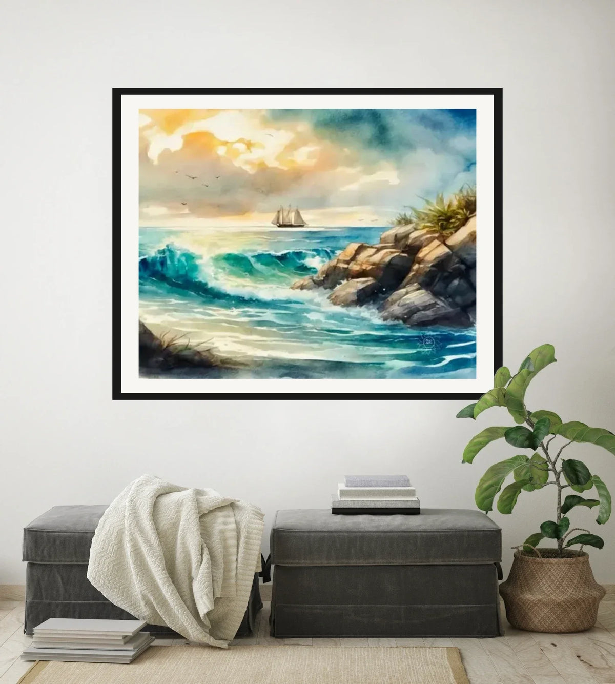 Boat in the Seascape - extra large 36 x 48 matted and framed art print shown hanging on a wall