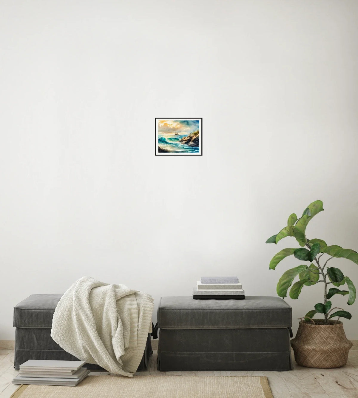 Boat in the Seascape - small 8 x 10 matted and framed art print shown hanging on a wall