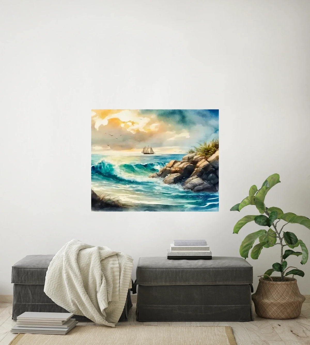 Boat in the Seascape - large 24 x 36 unframed art print shown hanging on a wall