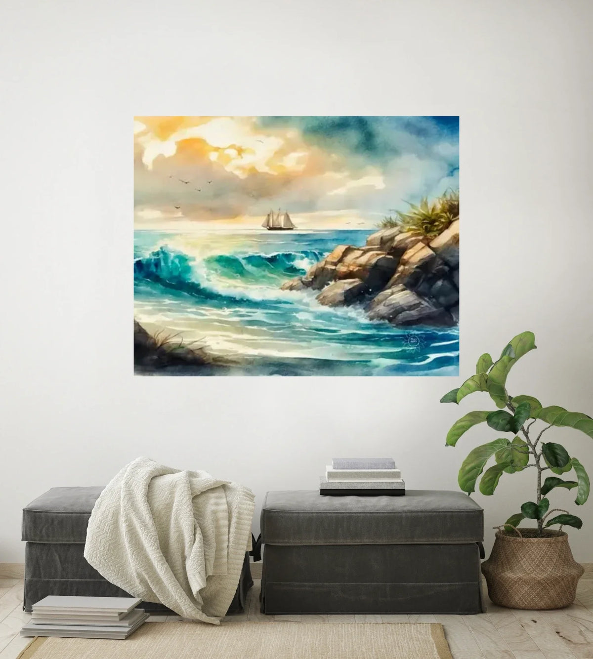 Boat in the Seascape - extra large 36 x 48 unframed art print shown hanging on a wall