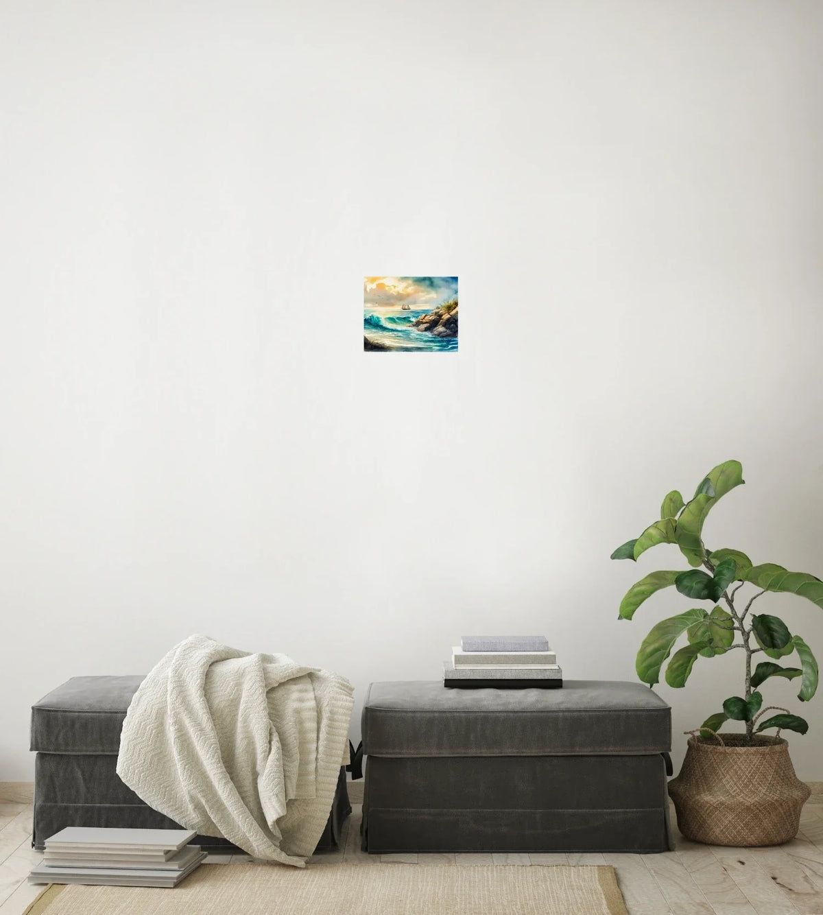 Boat in the Seascape - small 8 x 10 unframed art print shown hanging on a wall