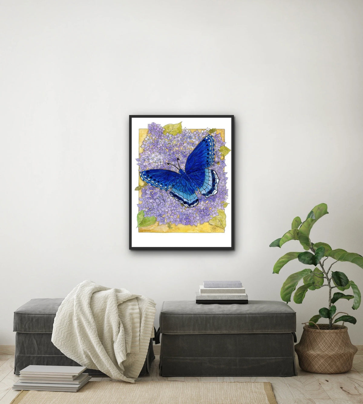 Butterfly On Lilac - large 24 x 36 framed art print shown hanging on a wall