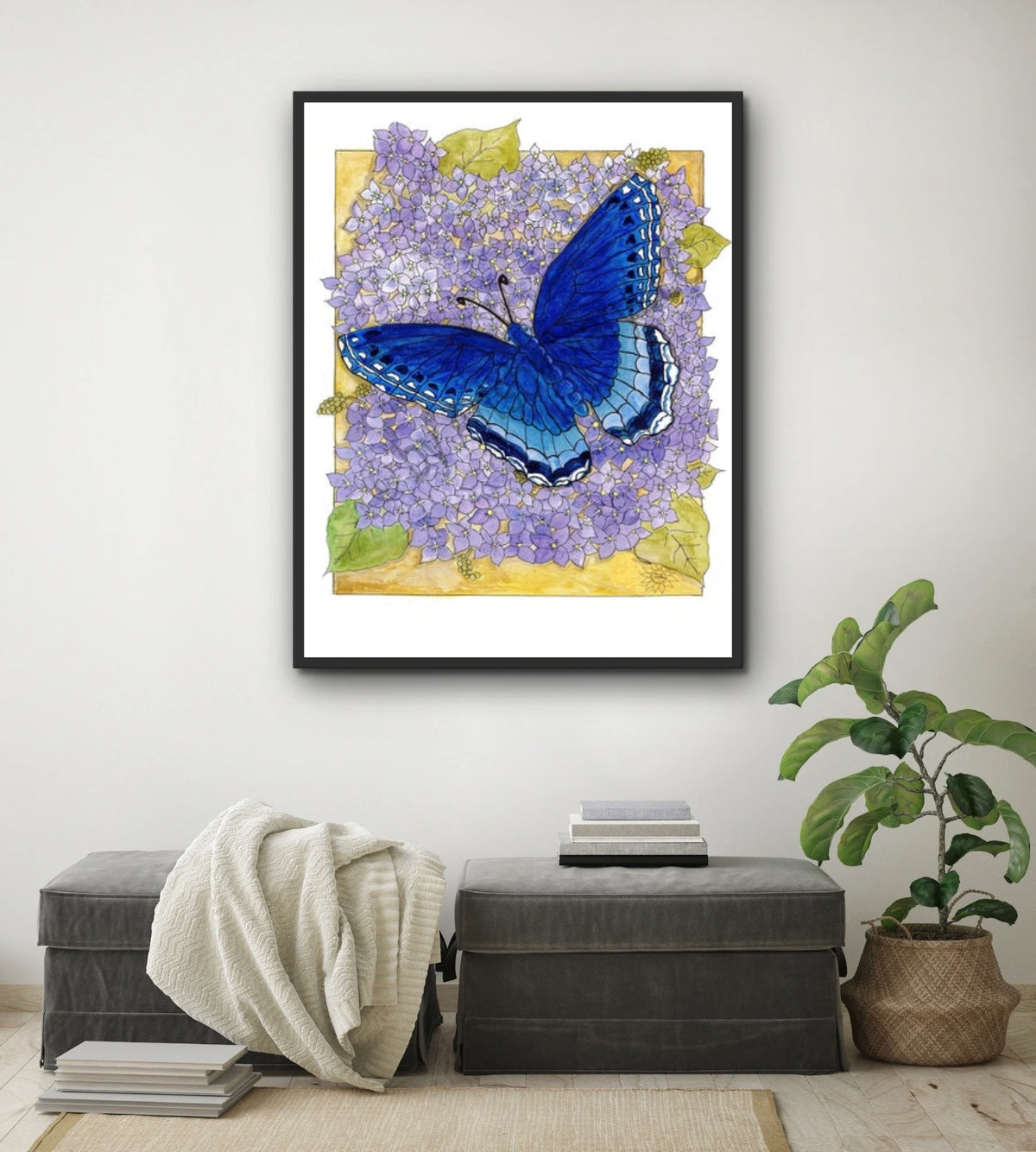 Butterfly On Lilac - extra large 36 x 48 framed art print shown hanging on a wall
