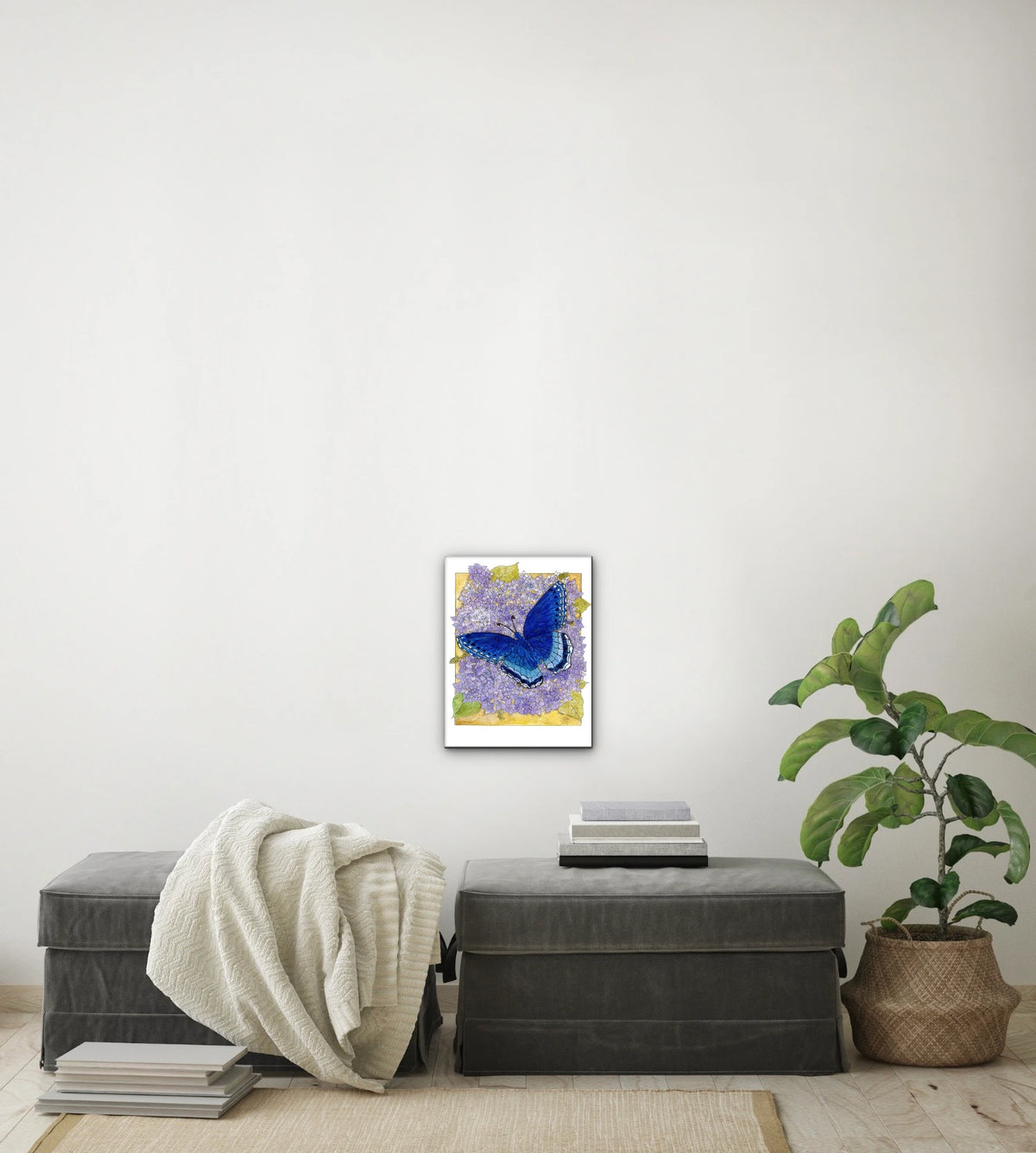 Butterfly On Lilac - medium 12 x 16 unframed art print shown hanging on a wall