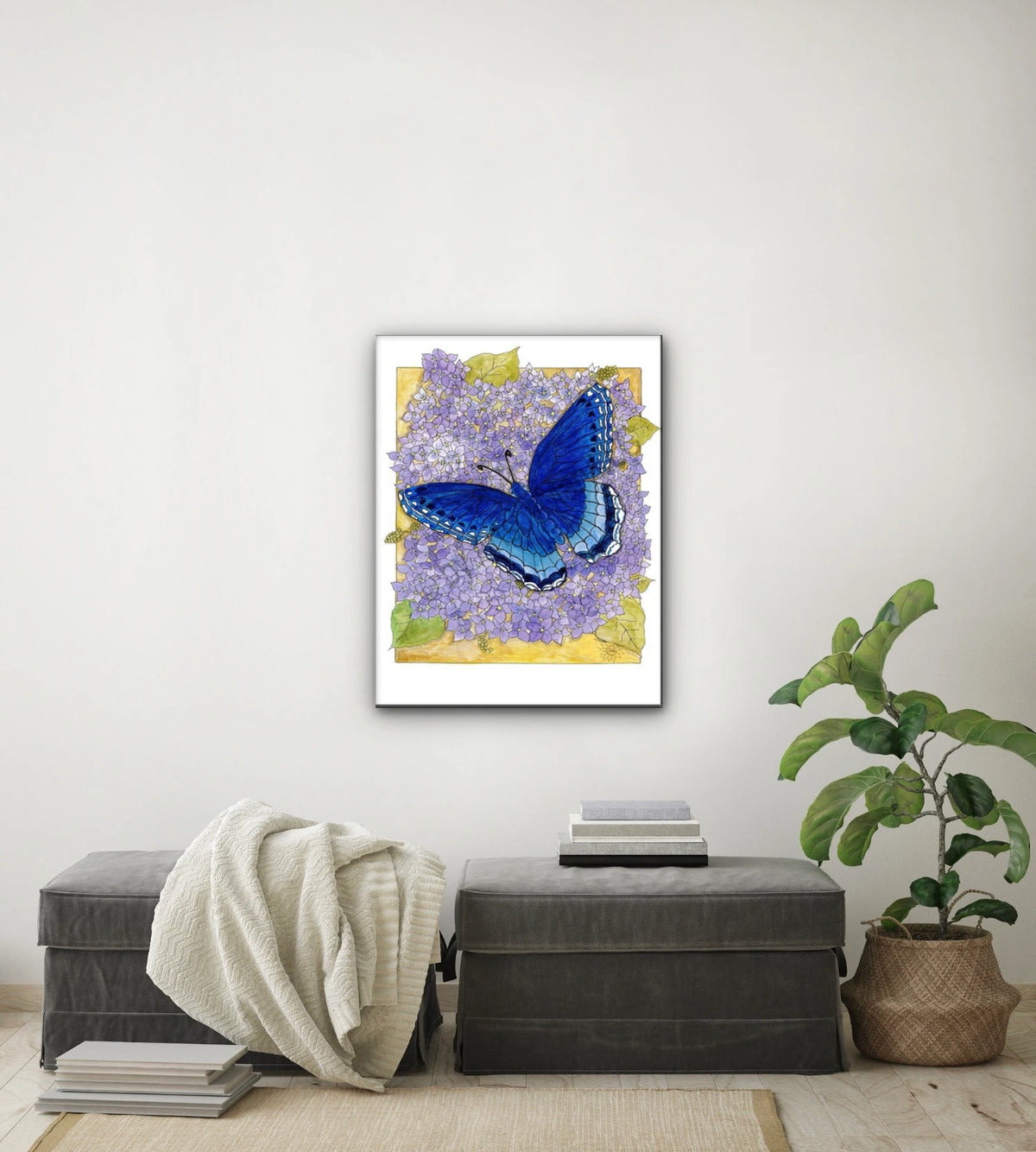 Butterfly On Lilac - large 24 x 36 unframed art print shown hanging on a wall