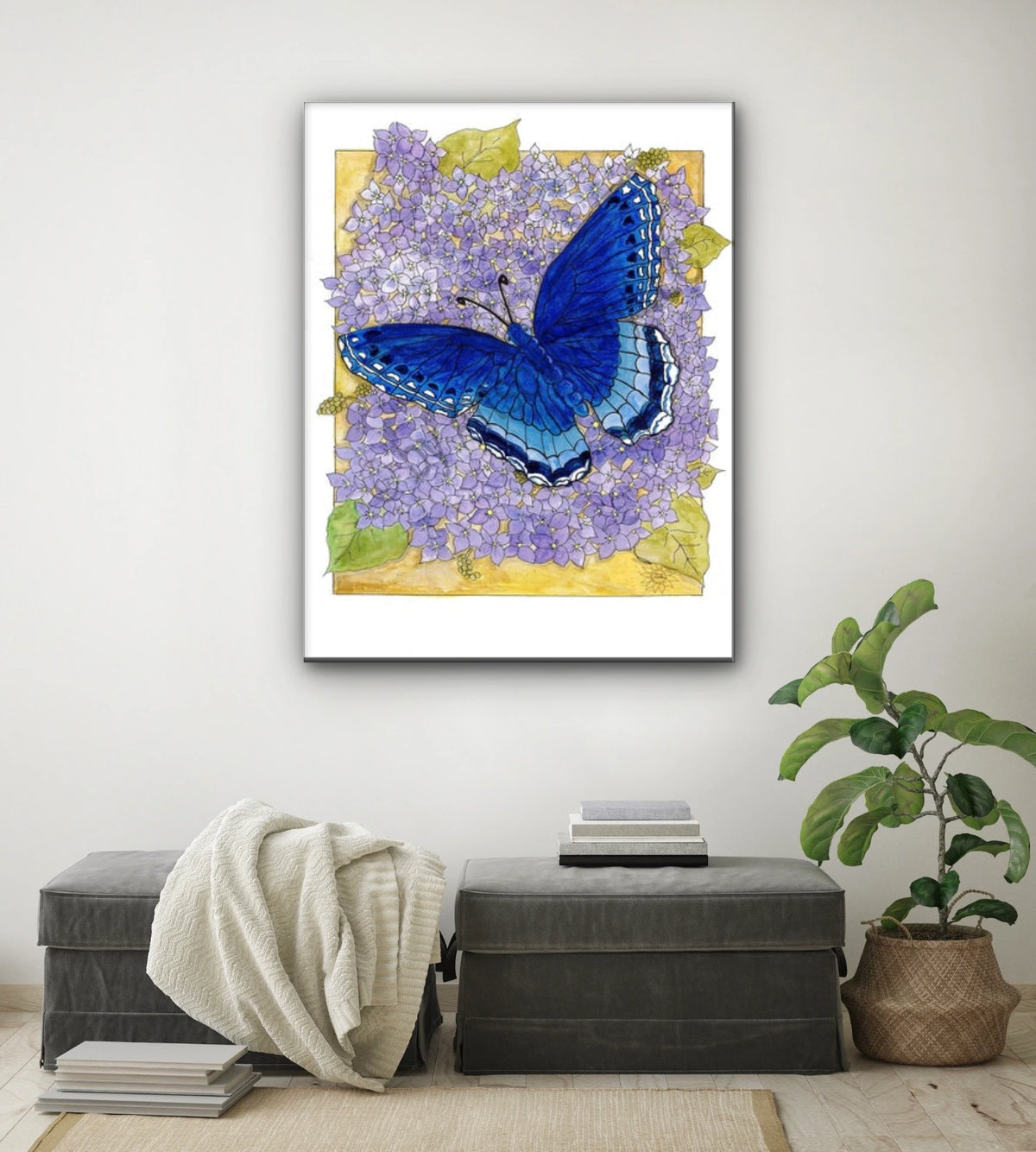 Butterfly On Lilac - extra large 36 x 48 unframed art print shown hanging on a wall
