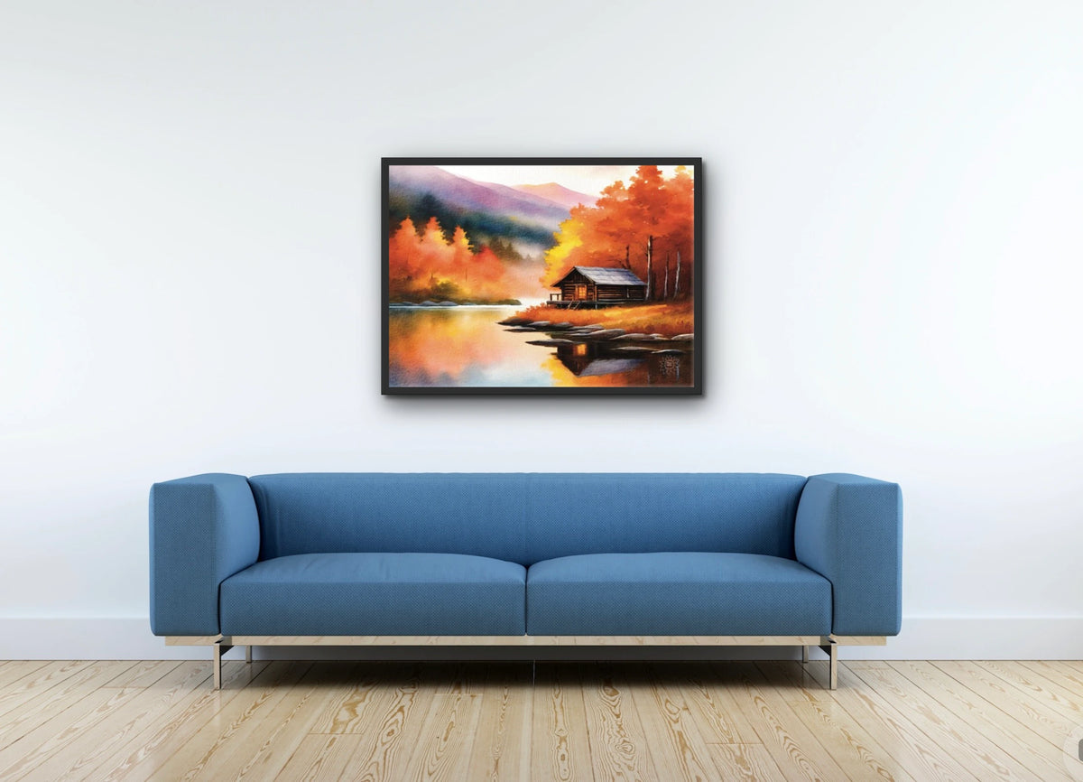 Cabin Fall - large 24 x 36 framed art print shown hanging on a wall