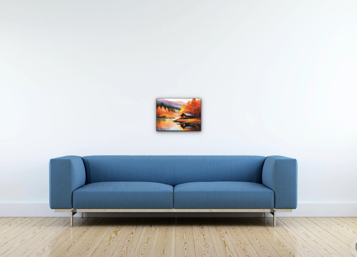 Cabin Fall - medium 12 x 16 unframed art print shown hanging on a wall