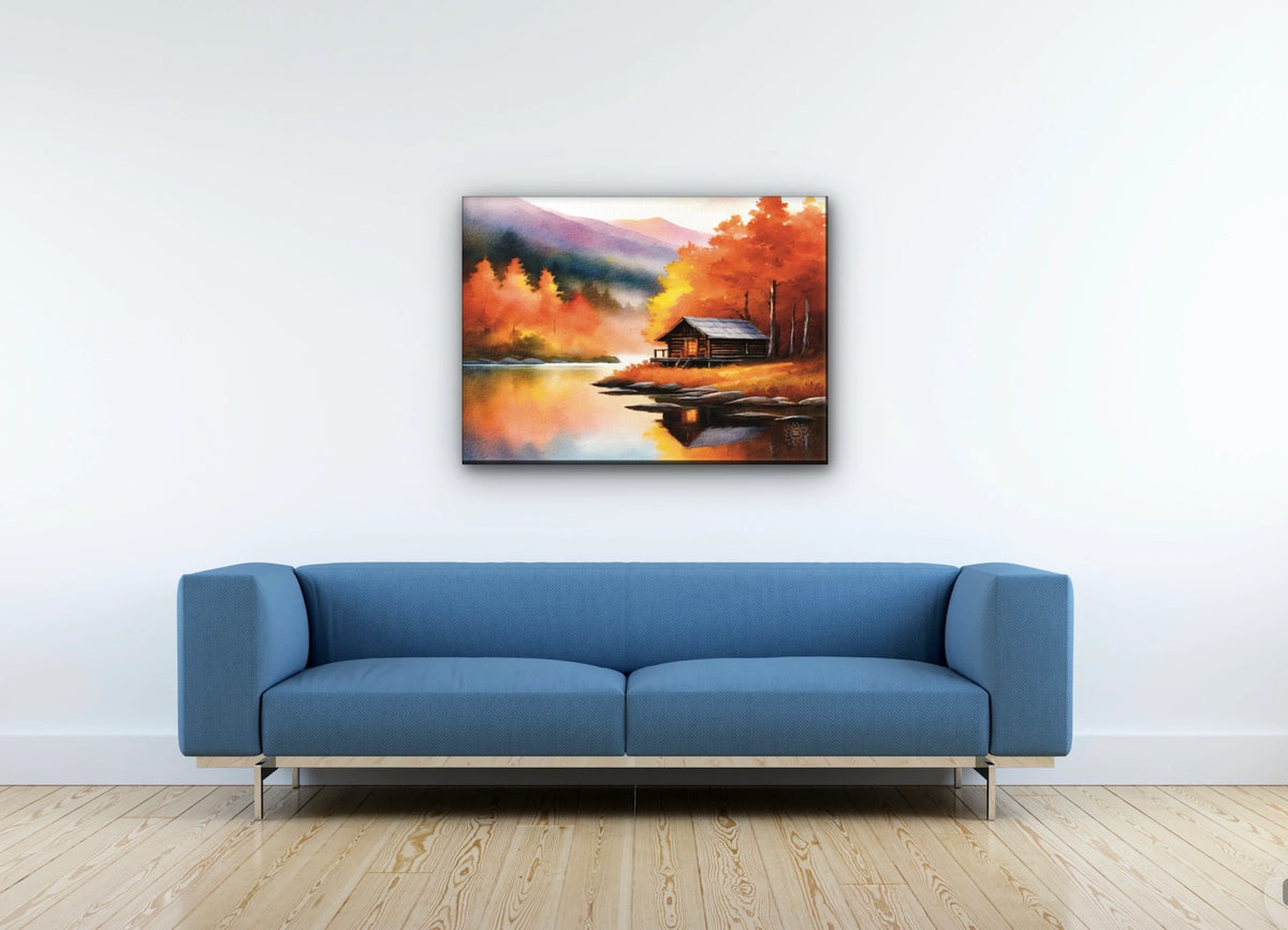Cabin Fall - large 24 x 36 unframed art print shown hanging on a wall