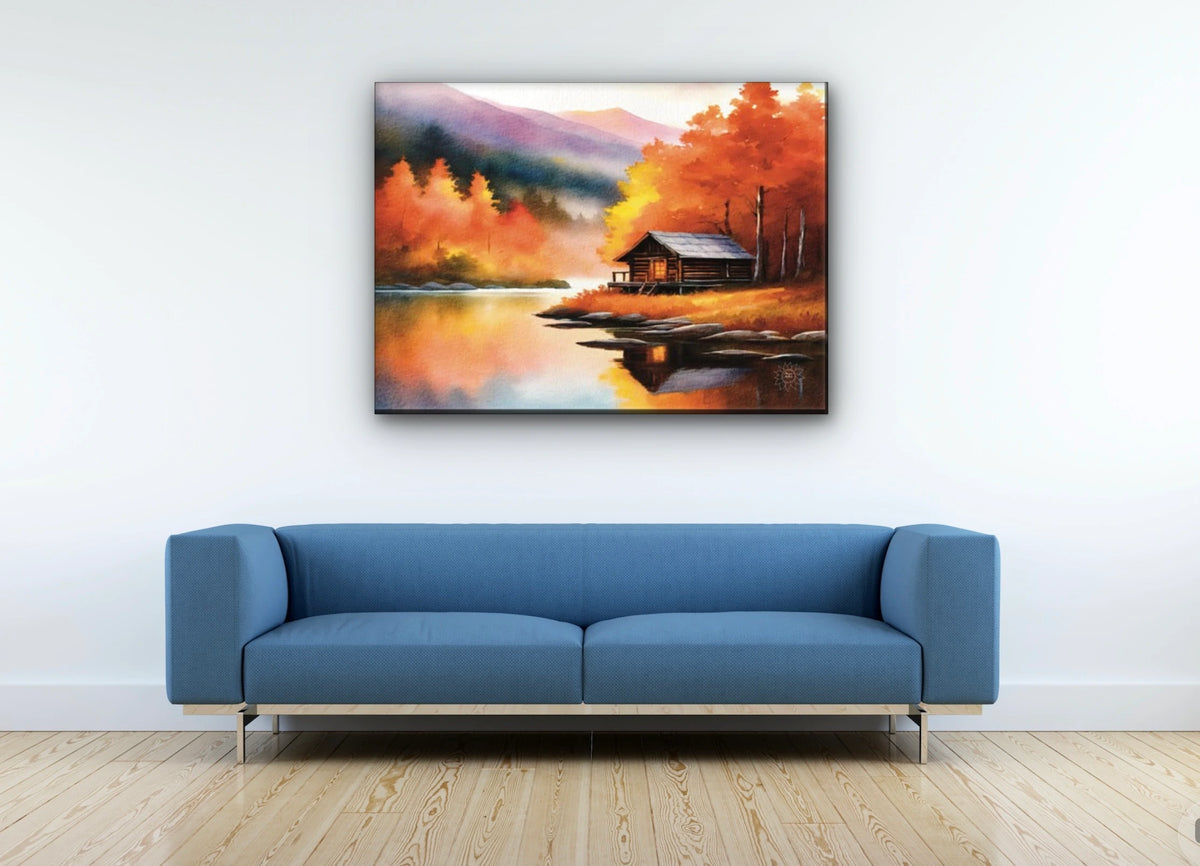 Cabin Fall - extra large 36 x 48 unframed art print shown hanging on a wall