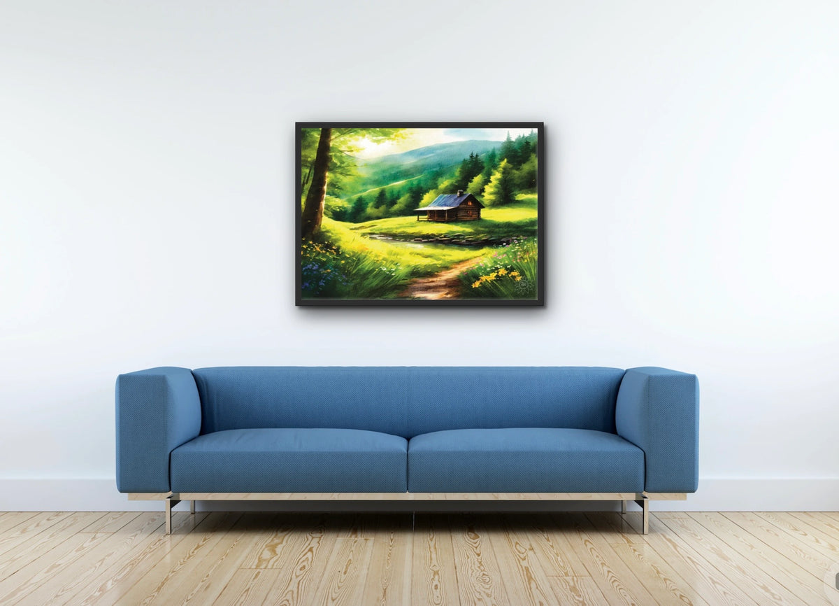 Cabin Spring - large 24 x 36 framed art print shown hanging on a wall