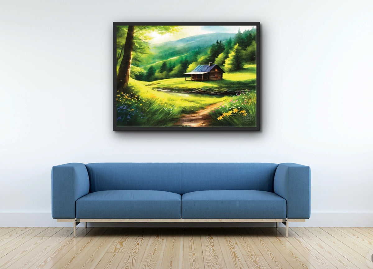 Cabin Spring - extra large 36 x 48 framed art print shown hanging on a wall