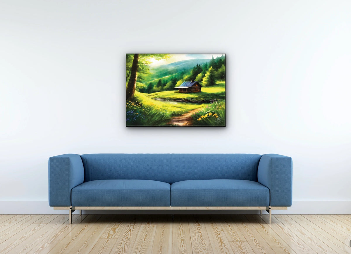 Cabin Spring - large 24 x 36 unframed art print shown hanging on a wall