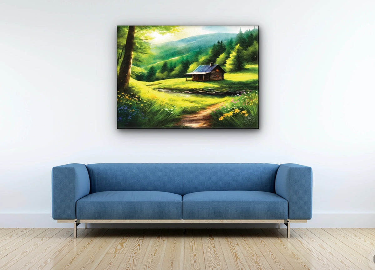 Cabin Spring - extra large 36 x 48 unframed art print shown hanging on a wall