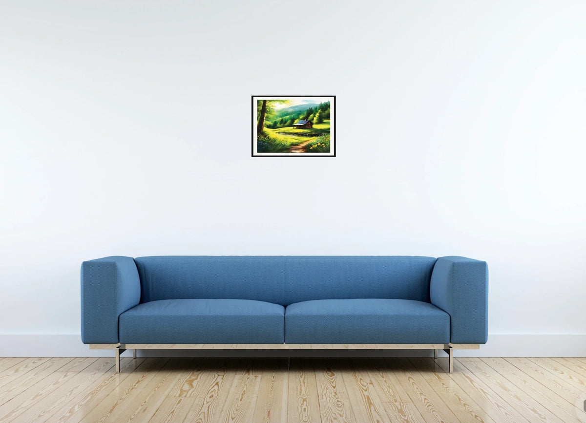 Cabin Spring - medium 12 x 16 matted and framed art print shown hanging on a wall