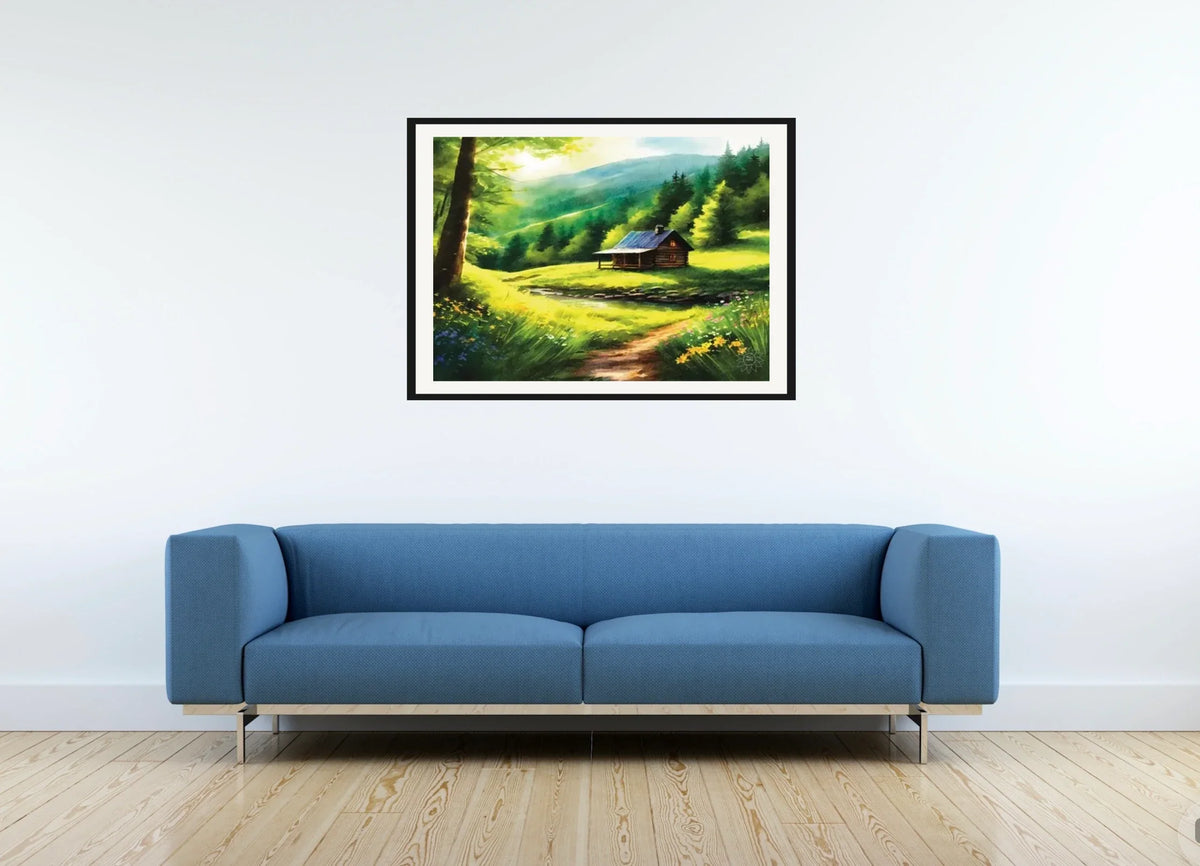 Cabin Spring - large 24 x 36 matted and framed art print shown hanging on a wall