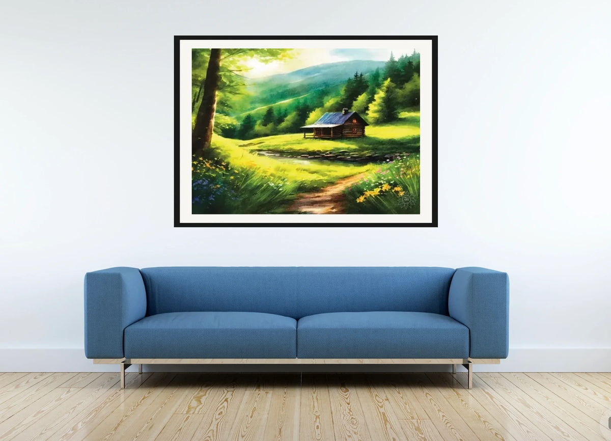 Cabin Spring - extra large 36 x 48 matted and framed art print shown hanging on a wall
