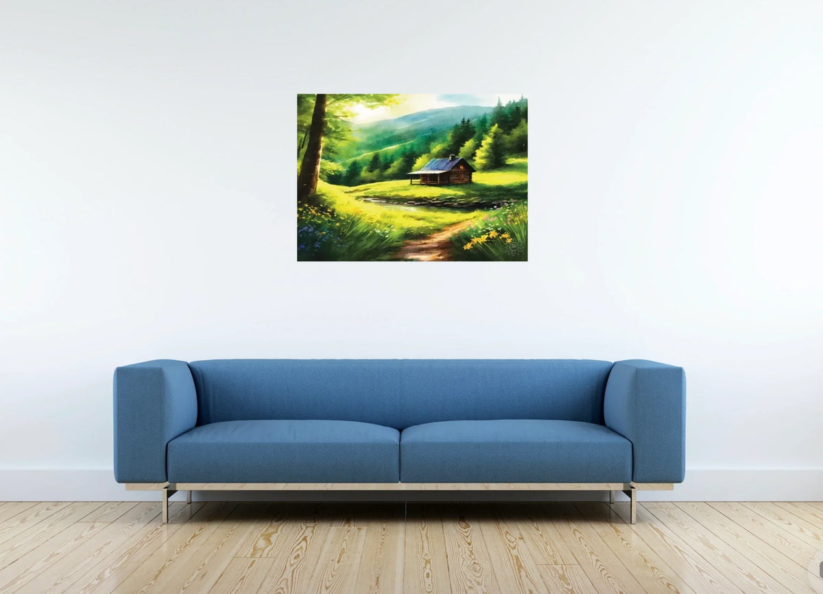 Cabin Spring - large 24 x 36 unframed art print shown hanging on a wall