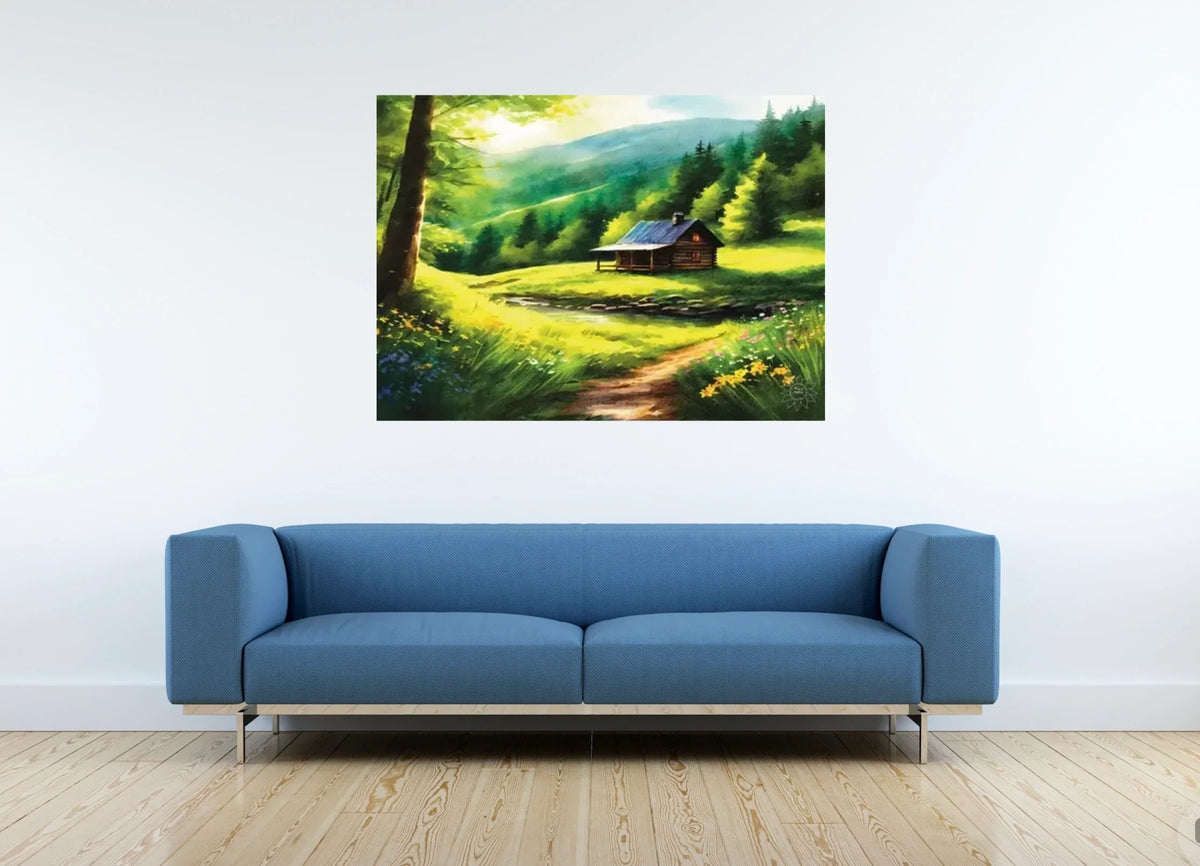 Cabin Spring - extra large 36 x 48 unframed art print shown hanging on a wall