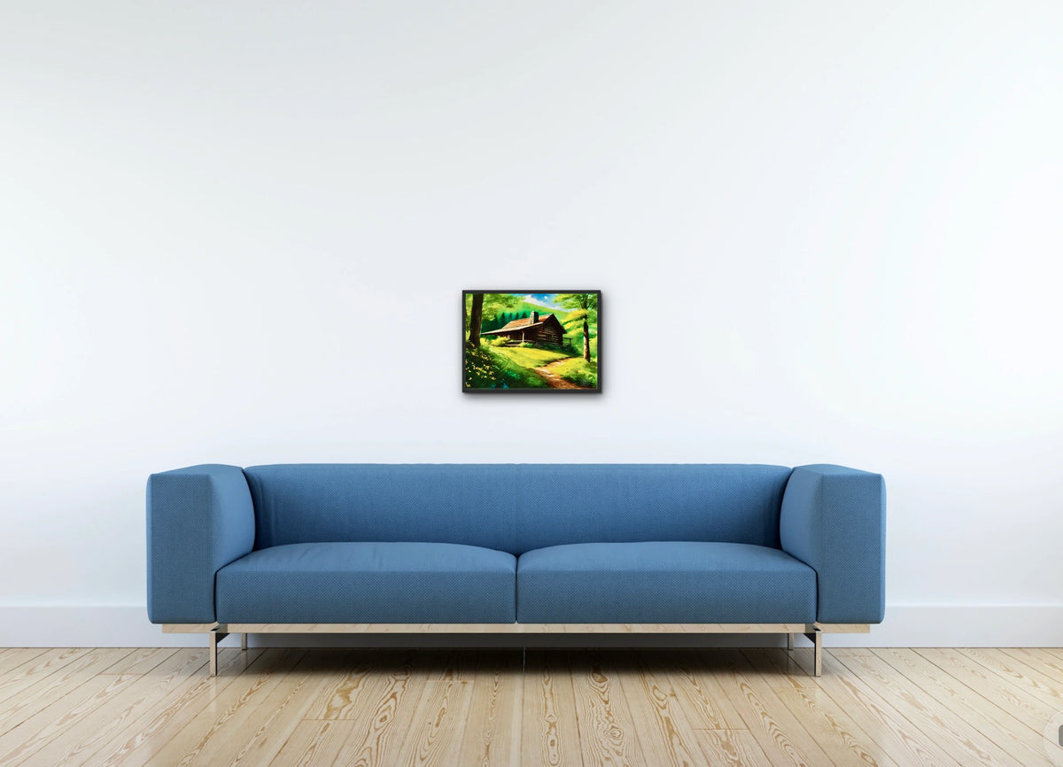 Cabin Summer - medium 12 x 16 framed art print shown hanging on a wall