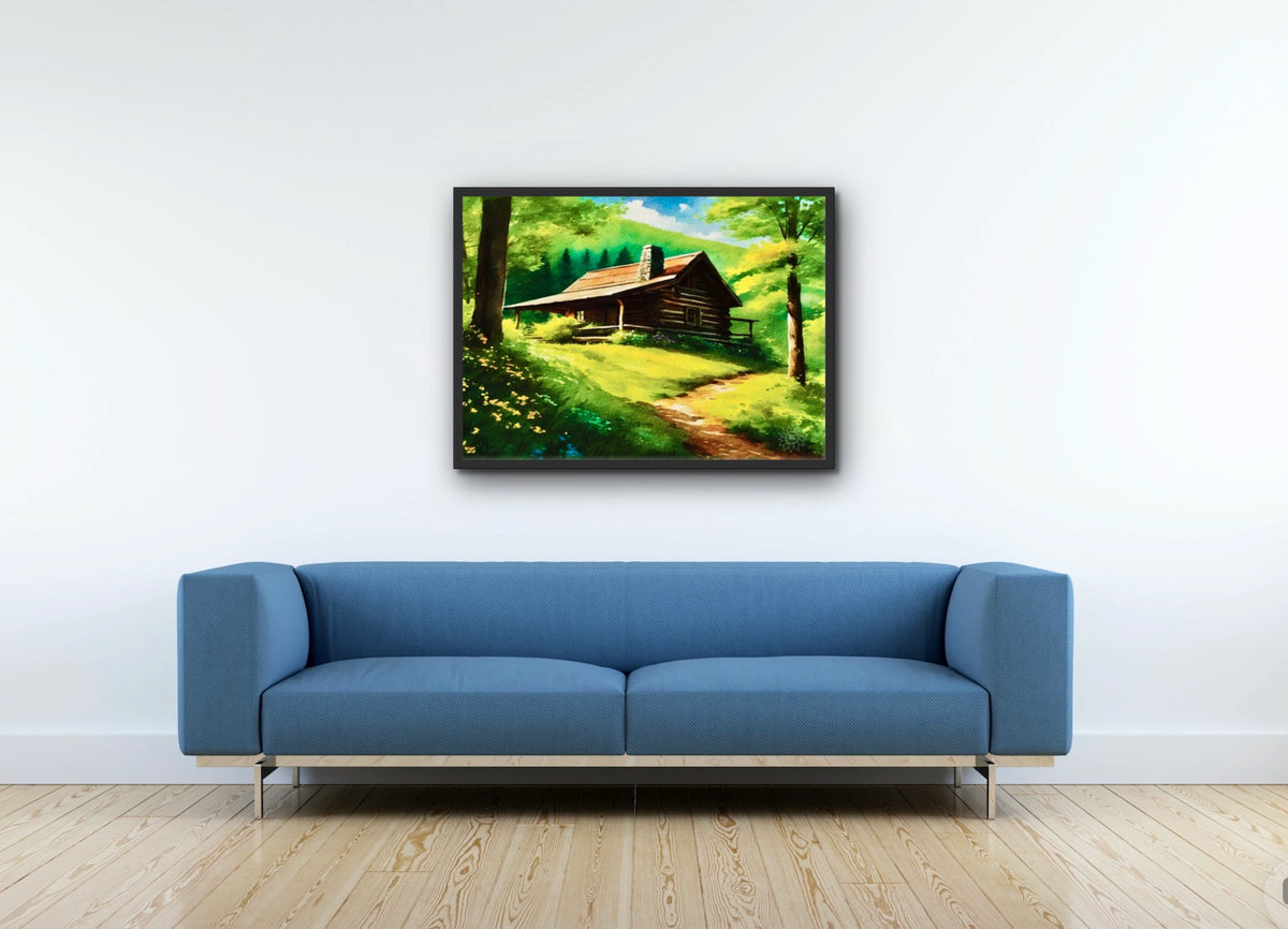 Cabin Summer - large 24 x 36 framed art print shown hanging on a wall