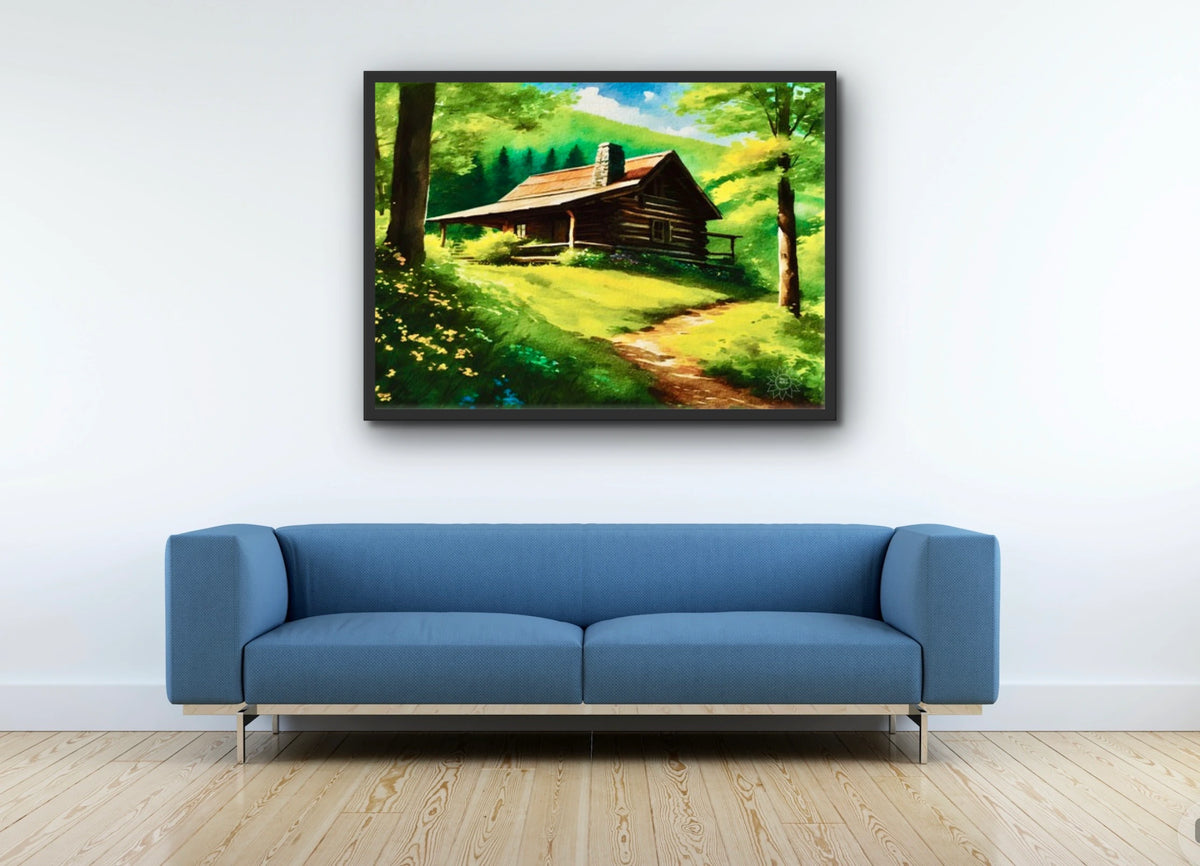 Cabin Summer - extra large 36 x 48 framed art print shown hanging on a wall