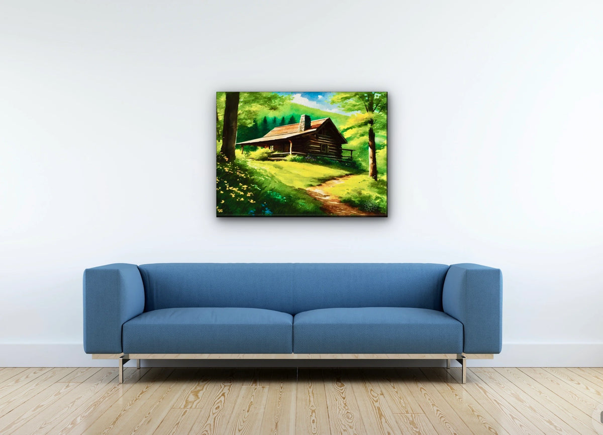 Cabin Summer - large 24 x 36 unframed art print shown hanging on a wall