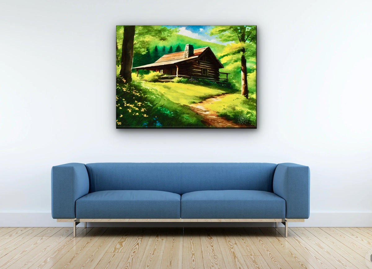 Cabin Summer - extra large 36 x 48 unframed art print shown hanging on a wall