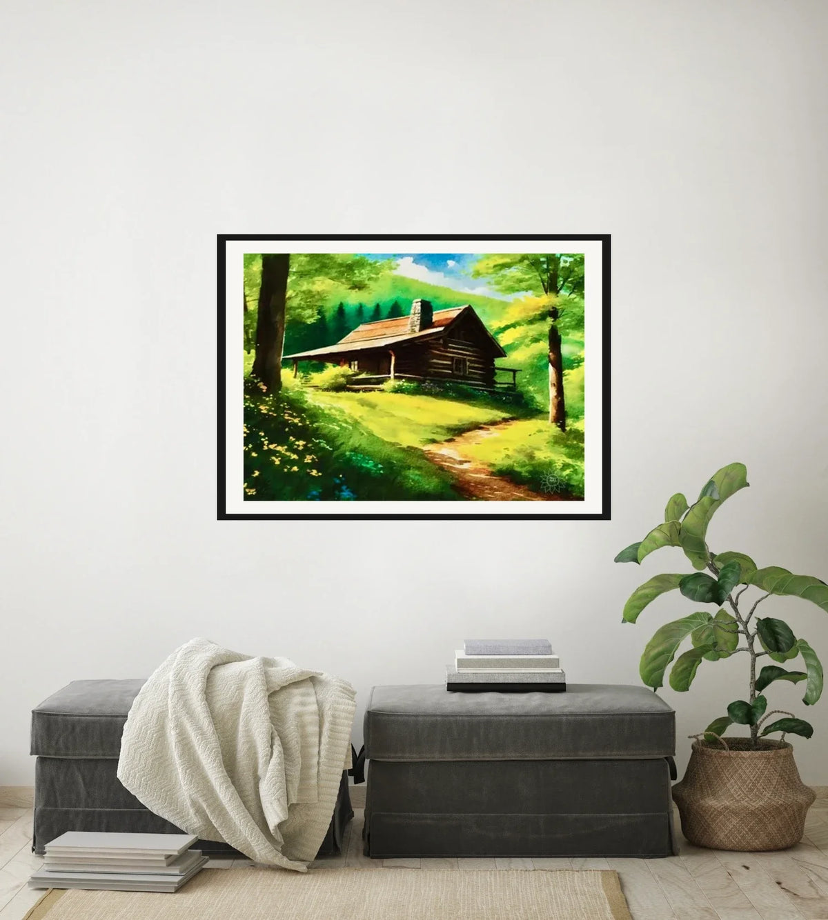 Cabin Summer - large 24 x 36 matted and framed art print shown hanging on a wall