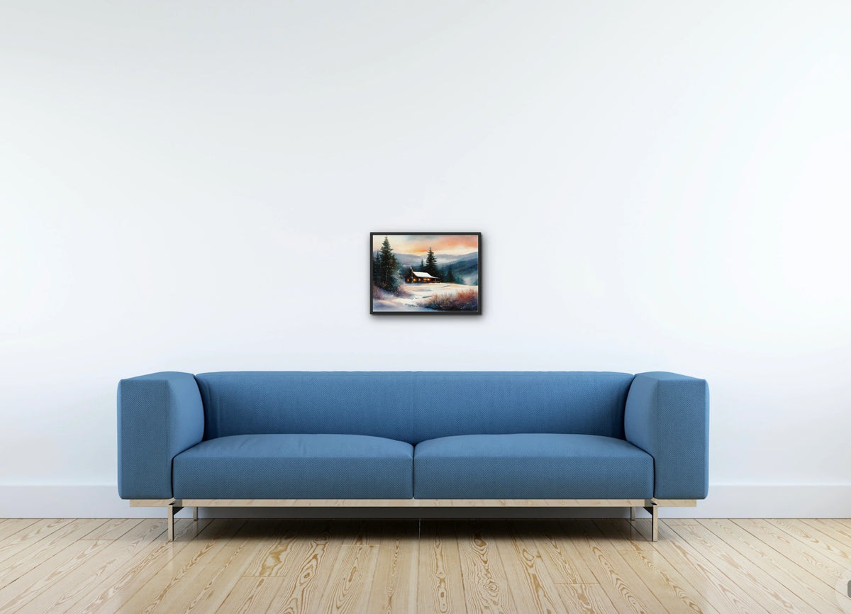 Cabin Winter - medium 12 x 16 framed art print shown hanging on a wall