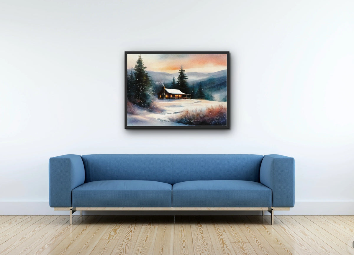 Cabin Winter - large 24 x 36 framed art print shown hanging on a wall