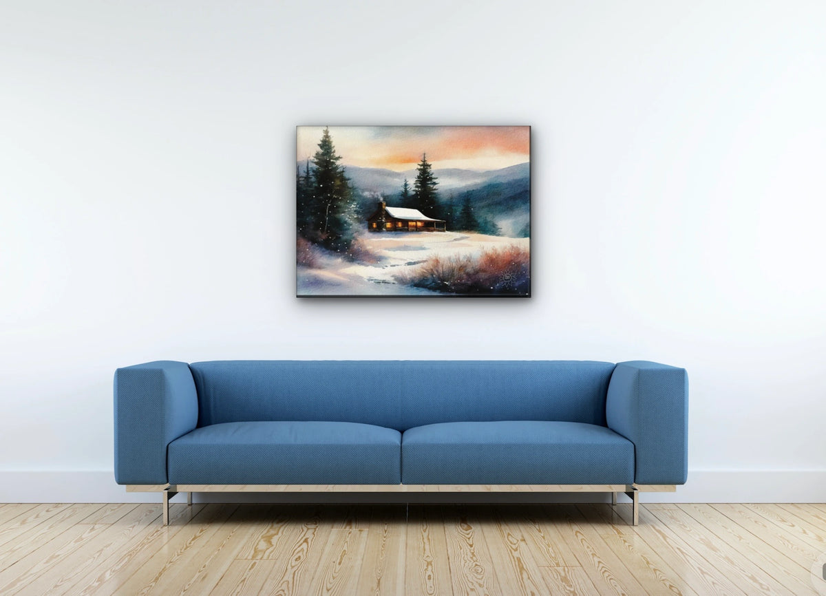 Cabin Winter - large 24 x 36 unframed art print shown hanging on a wall