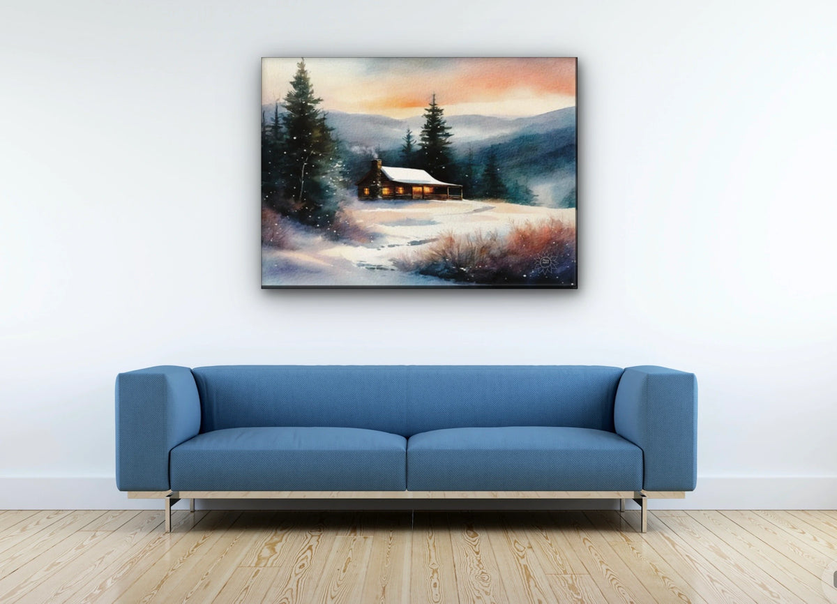 Cabin Winter - extra large 36 x 48 unframed art print shown hanging on a wall